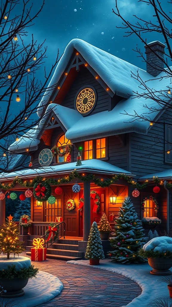 A snow-covered house decorated for Christmas with colorful lights, wreaths, and trees.