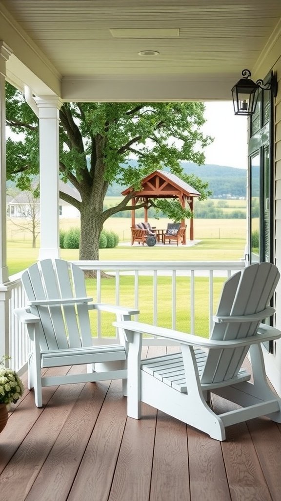 Two classic white Adirondack chairs on a porch overlooking a green yard and gazebo.