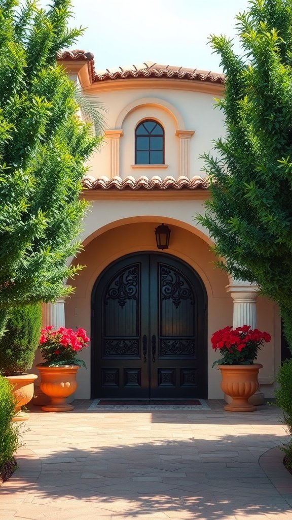 A classic arched doorway of a Spanish-style house surrounded by greenery and colorful flowers.