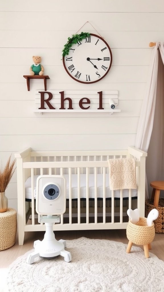 A cozy farmhouse nursery with a crib, a stylish baby monitor, and warm decor.