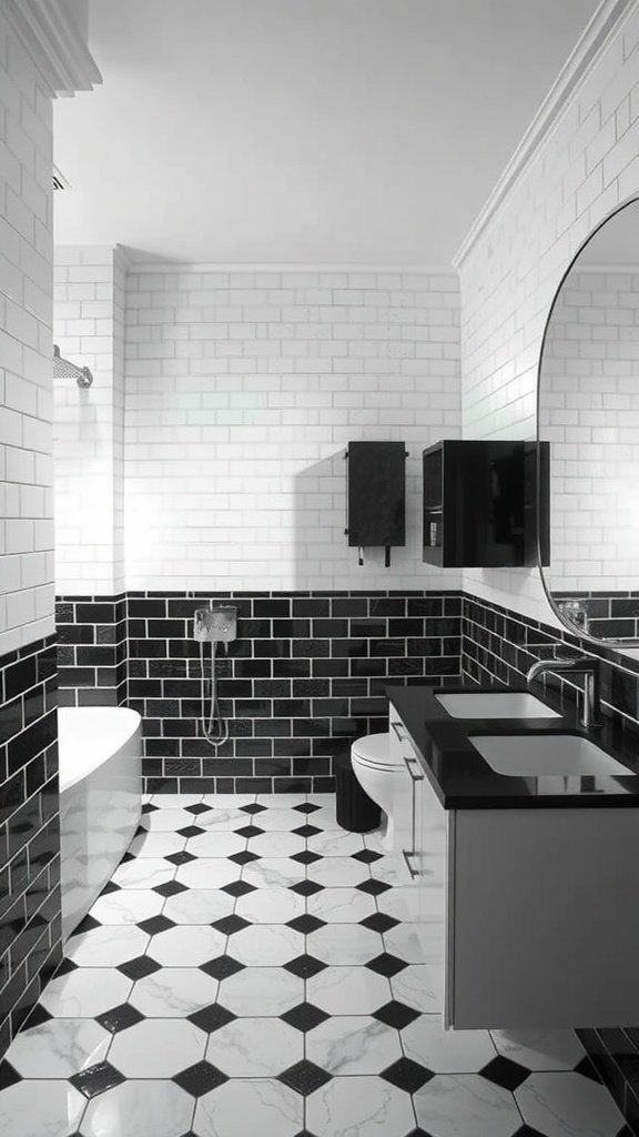 A stylish black and white bathroom featuring subway tiles, hexagonal floor tiles, and a rounded mirror.