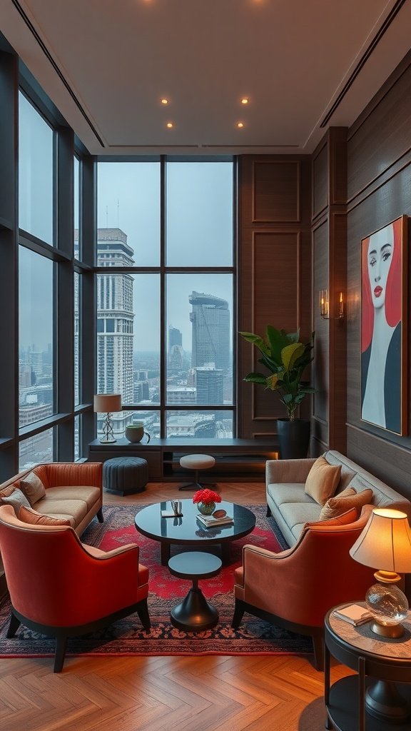 Luxurious penthouse living room with large windows, stylish furniture, and modern decor