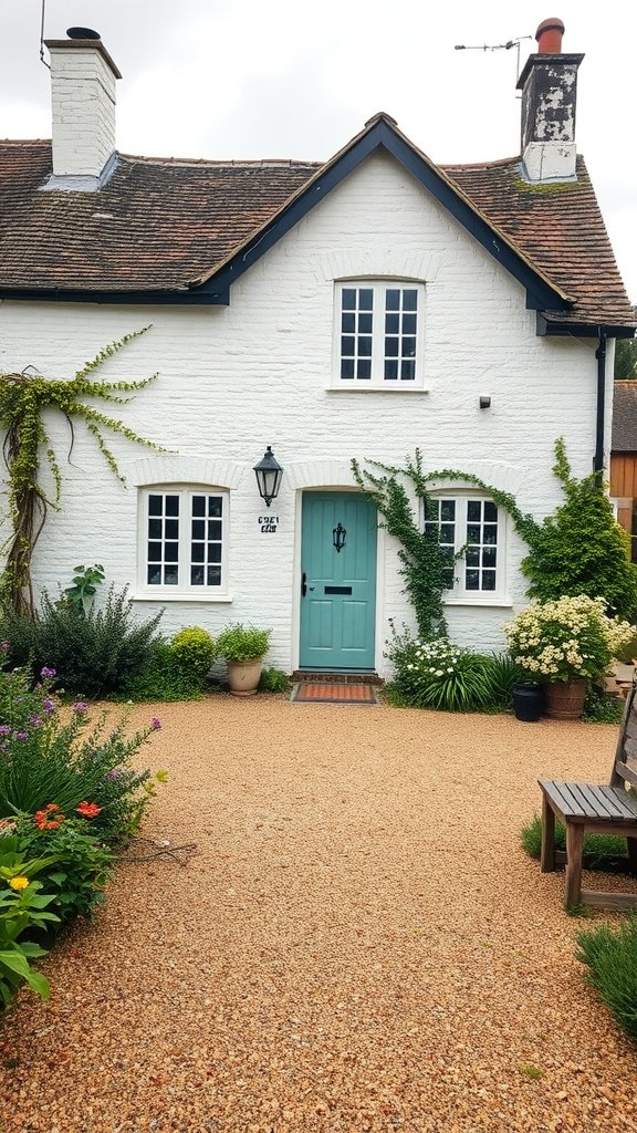 A classic English cottage with whitewashed walls, a teal door, and a flower-filled garden.
