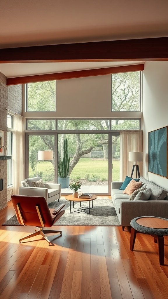 A mid-century modern living room featuring a red swivel chair, gray couch, round coffee table, and large windows with natural light.