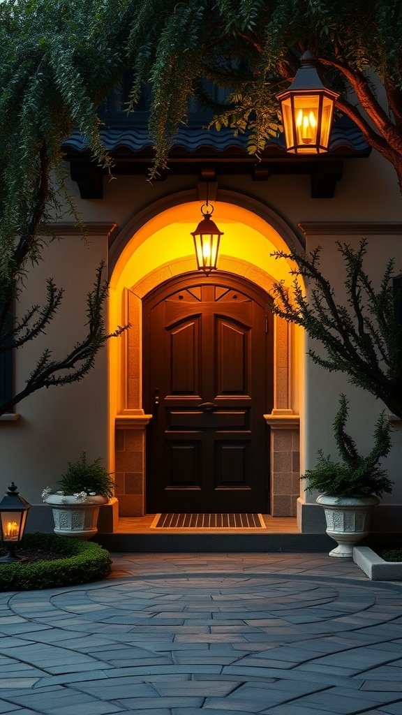 A warmly lit entrance featuring classic lanterns on either side of a black door, surrounded by lush greenery.