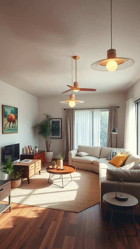 A stylish living room featuring mid-century modern lighting fixtures and furniture.