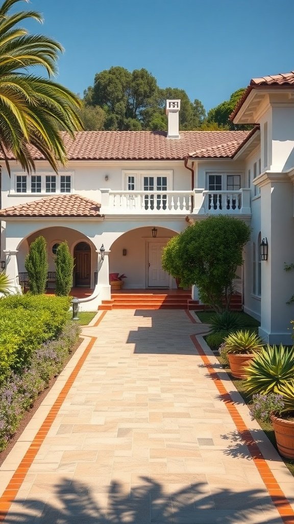 A white Mediterranean-style home with a terracotta roof and lush greenery.