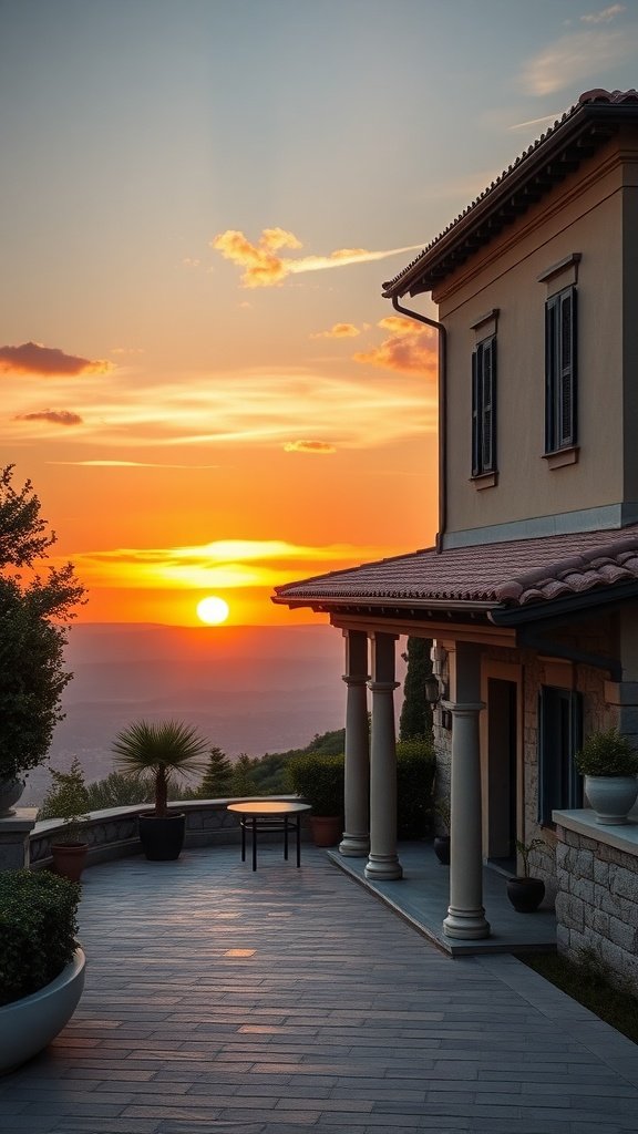 A Mediterranean villa at sunset, showcasing stone exterior and a beautiful patio.