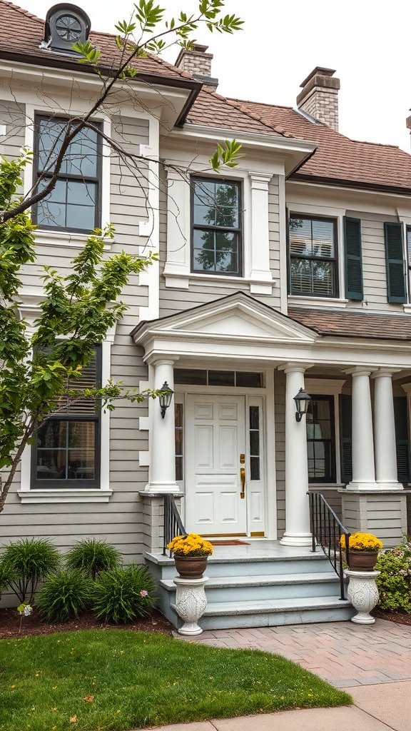 A classic and modern house exterior with gray siding, white columns, and a welcoming porch.