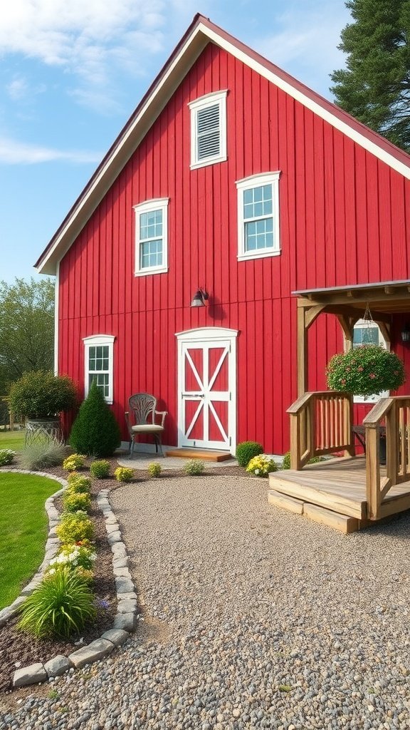 A classic red barn-inspired home with a gravel path and flower beds