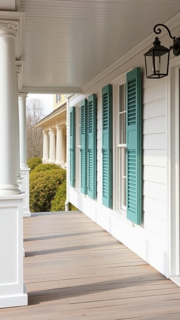 A farmhouse porch with classic blue shutters and white pillars