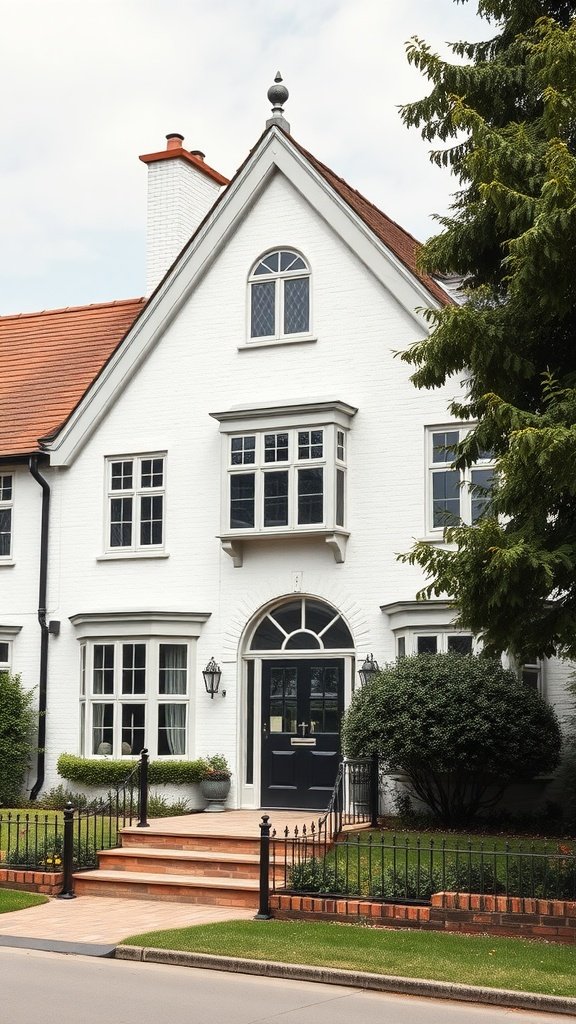 A white Tudor Revival home with a steep roof and large windows, featuring a landscaped entrance
