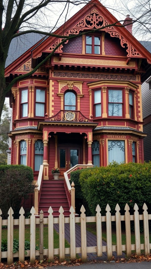 A classic Victorian house featuring red and gold colors, ornate details, and a charming front porch.