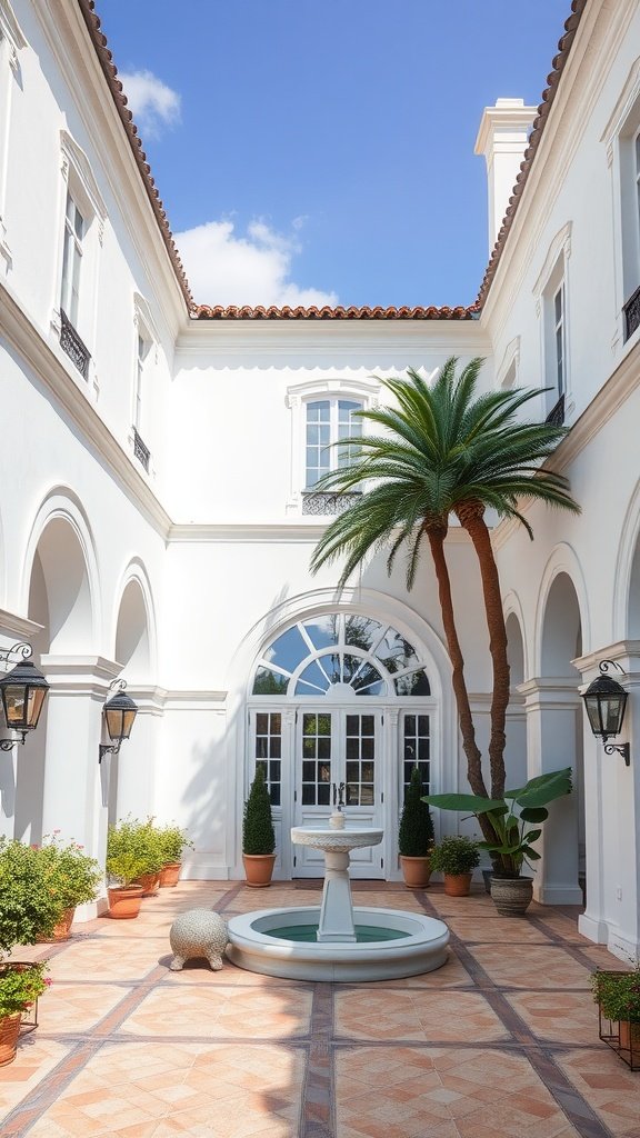A classic white villa courtyard featuring a fountain, palm trees, and decorative plants.