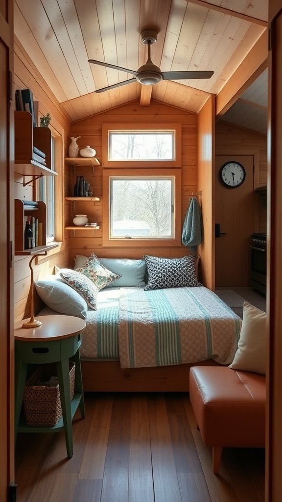 A cozy tiny house interior featuring a bed, colorful pillows, shelves, and a compact sitting area.
