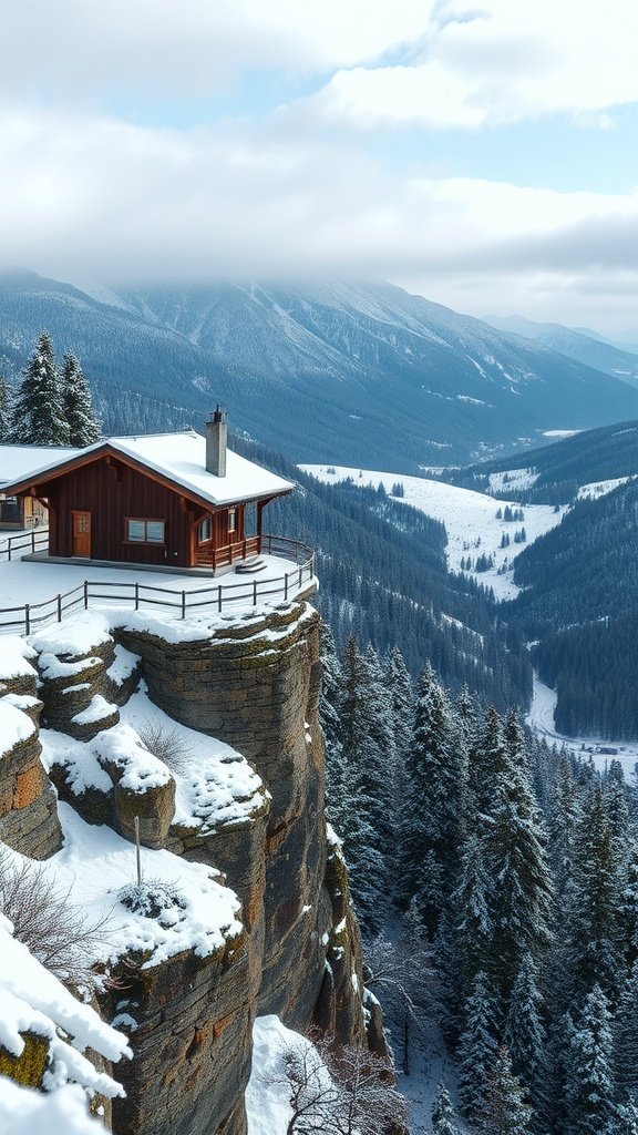 A cozy wooden cabin on a cliff surrounded by snow-covered mountains and trees.