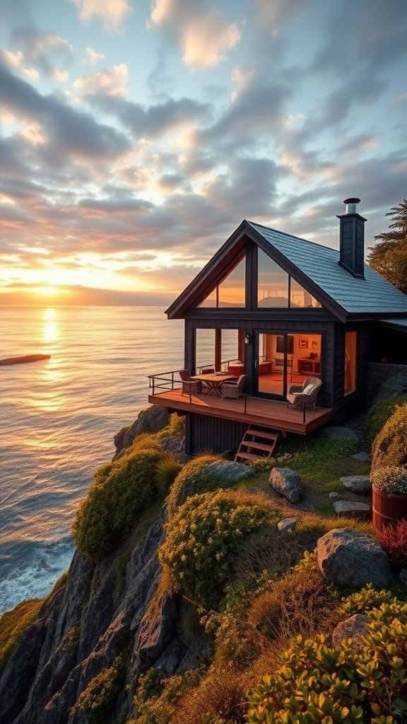 A cozy tiny house situated on a cliff overlooking the ocean at sunset.
