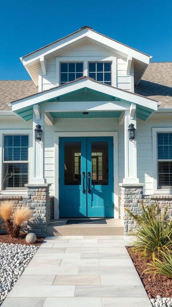 Coastal-inspired house entrance with a blue door, white siding, and stone accents.