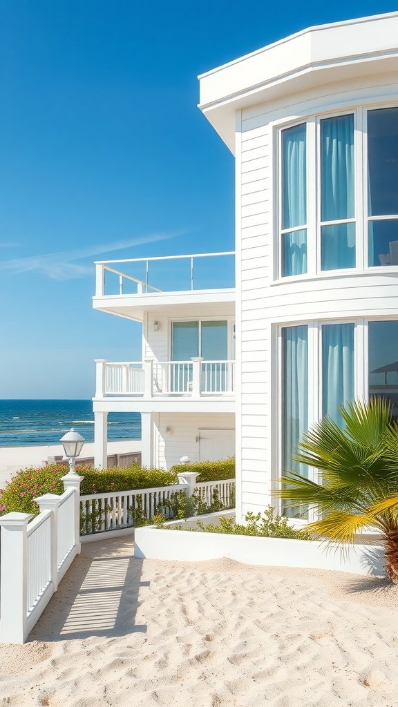 A beautiful coastal beach house with a white exterior, large windows, and a view of the ocean.