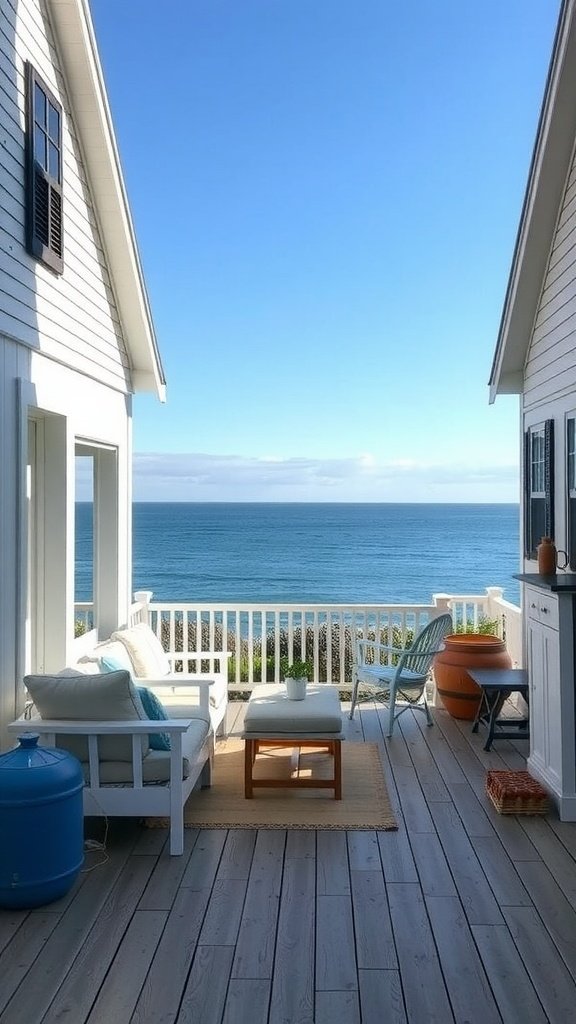 A coastal farmhouse patio overlooking the ocean, featuring comfortable seating and nautical decor