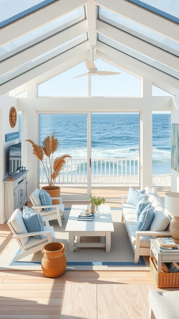 Bright and airy coastal cottage living room with ocean view.
