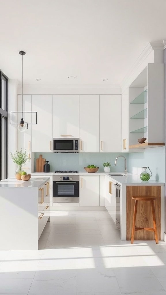 A modern loft kitchen featuring white cabinetry, light blue backsplash, natural wood accents, and plants.