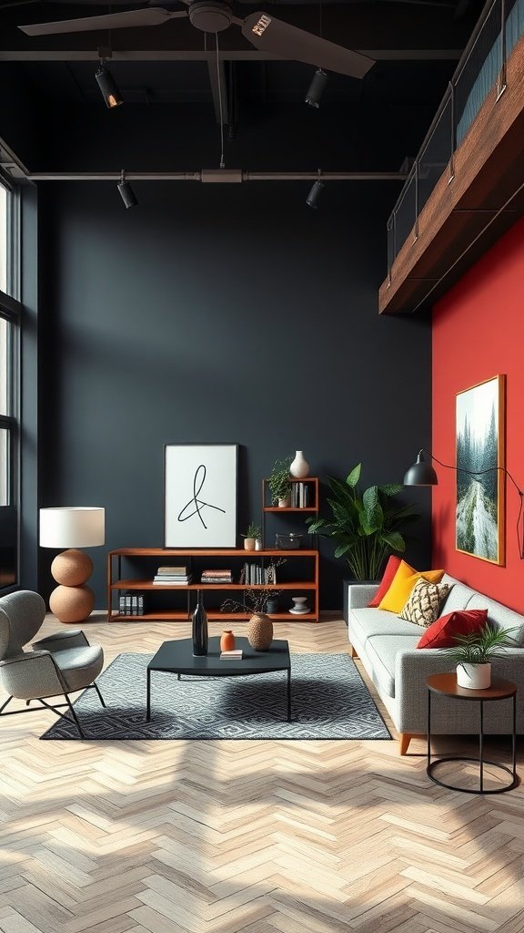 A modern loft living room featuring dark walls, a red accent wall, and a gray sofa with colorful cushions.