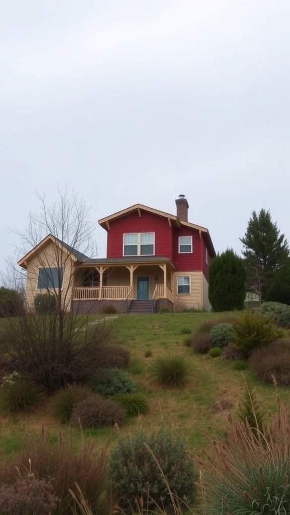 A hillside house with a red upper story and beige lower section, surrounded by greenery.