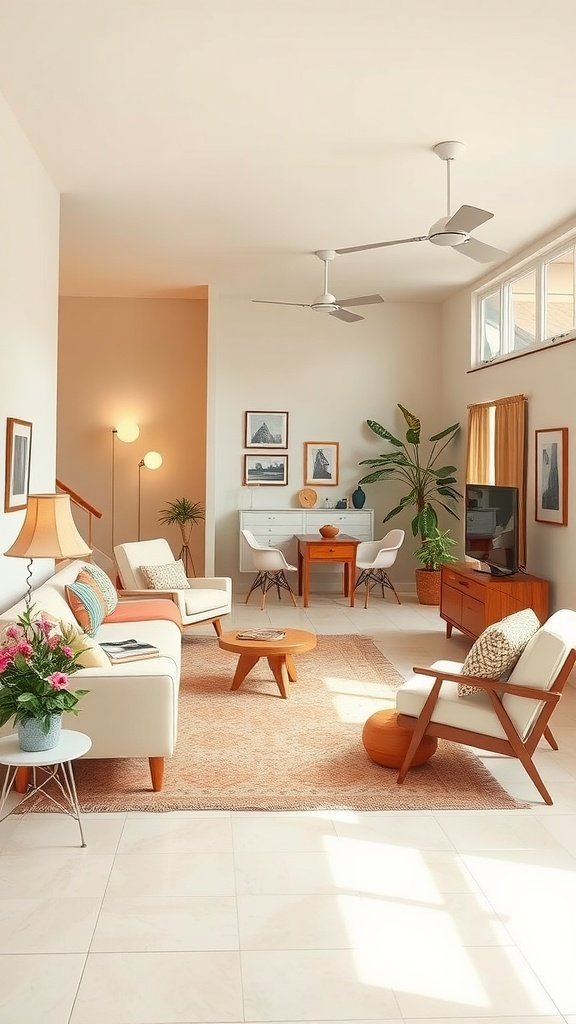 Living room featuring mid-century modern design with cohesive color themes and stylish decor.