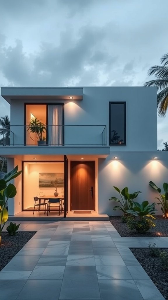 A modern house with sleek design, featuring large windows, a wooden door, and landscaped greenery.