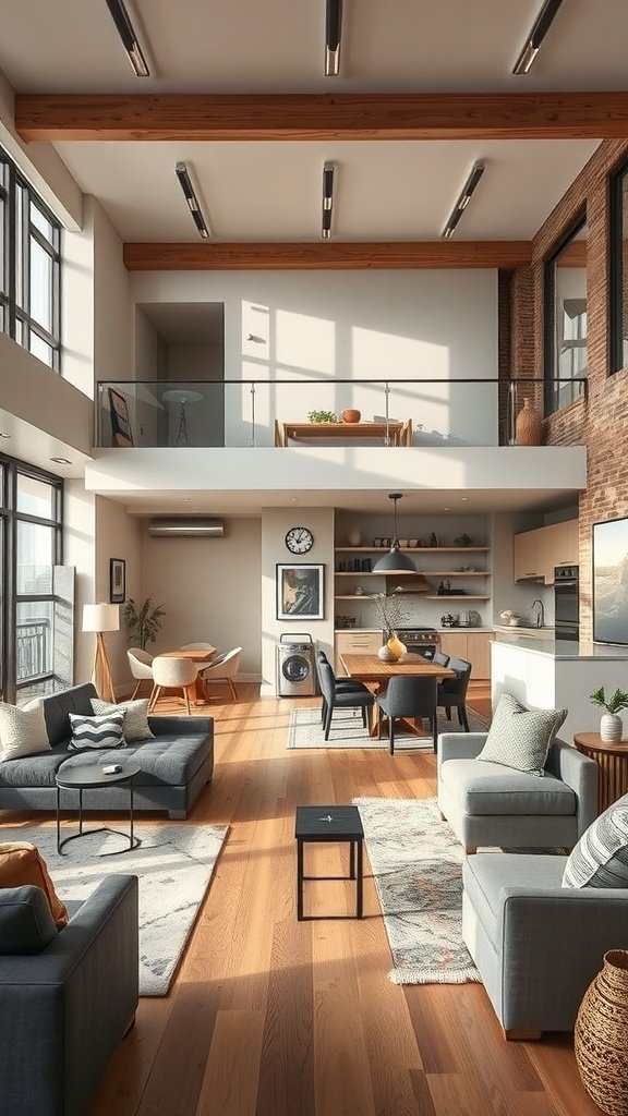 A modern loft apartment with open living and dining spaces featuring large windows, wooden beams, and stylish furniture.