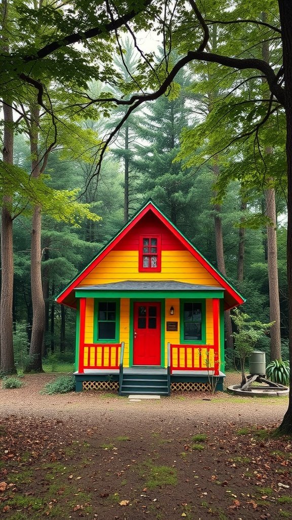 A colorful A-frame house in the woods, painted in yellow and red with a lush green forest backdrop.