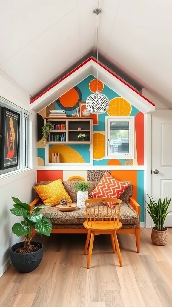 Cozy corner of a tiny house featuring colorful accent wall art, orange couch, and plants.