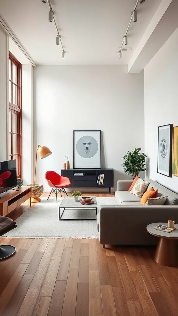 A stylish modern living room with colorful accents, featuring a red chair, orange cushions, and a minimalist design.