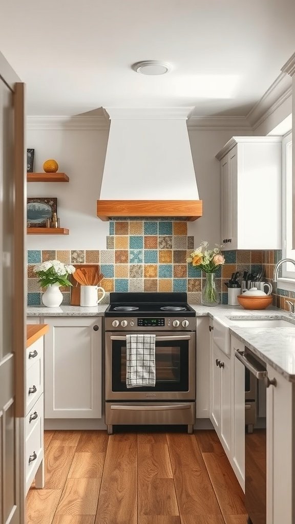 Cozy cottage kitchen featuring a colorful tile backsplash with blue and earthy tones, white cabinets, and wooden accents.