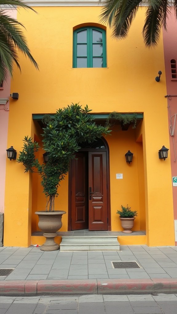 A vibrant orange house exterior with green windows and lush greenery, exemplifying local culture.