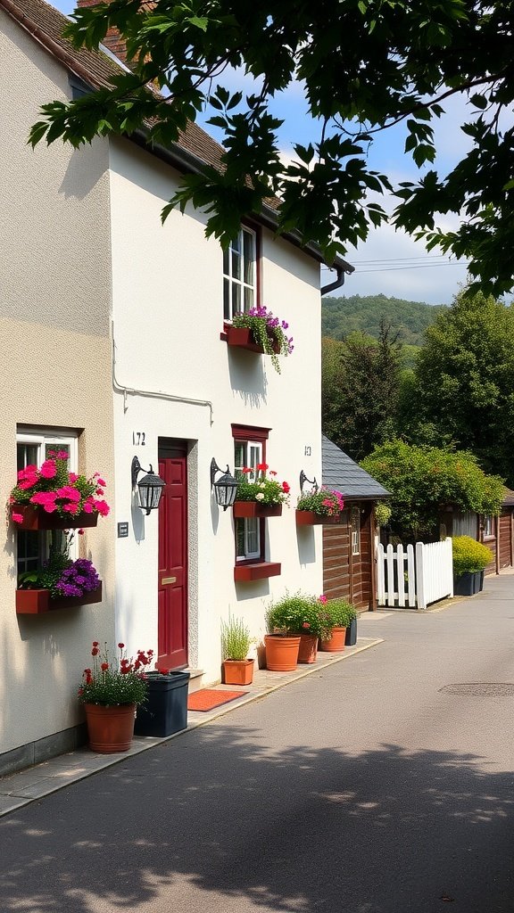 A charming English cottage with colorful flower boxes under the windows, featuring vibrant blooms and a welcoming entrance.