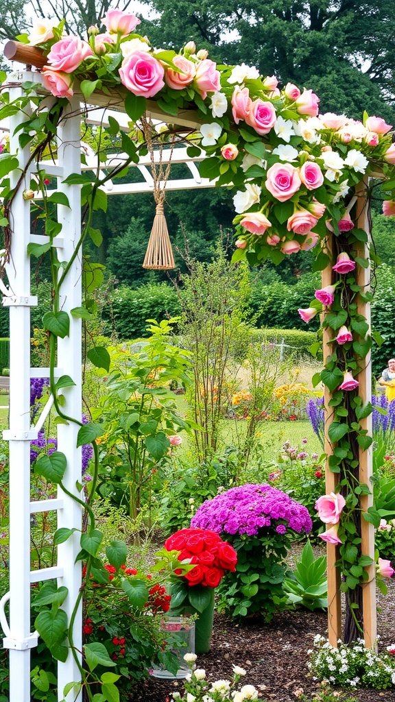A garden trellis decorated with pink roses and surrounded by colorful flowers in a vibrant garden.