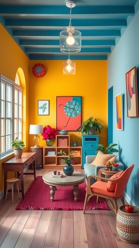 A colorful interior featuring yellow and blue walls, a mix of comfortable furniture, and vibrant decor.