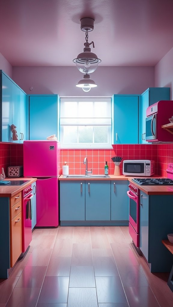 Colorful kitchen with pink fridge, teal cabinets, and red tiles