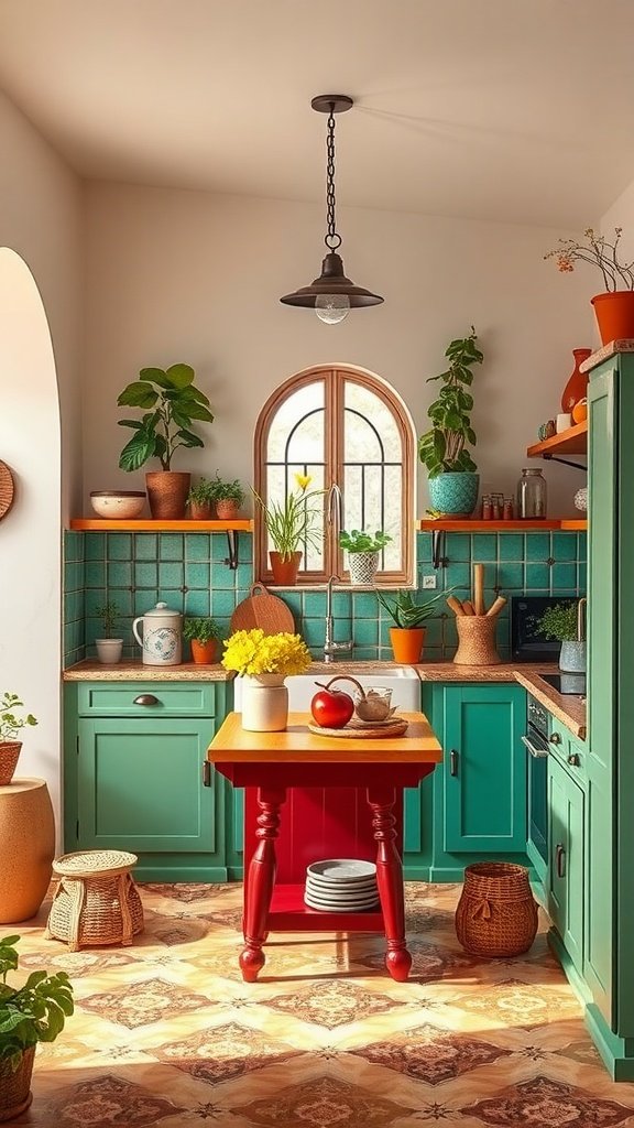 A colorful kitchen with teal cabinets, a wooden island, plants, and patterned tiles, embodying market-inspired decor.
