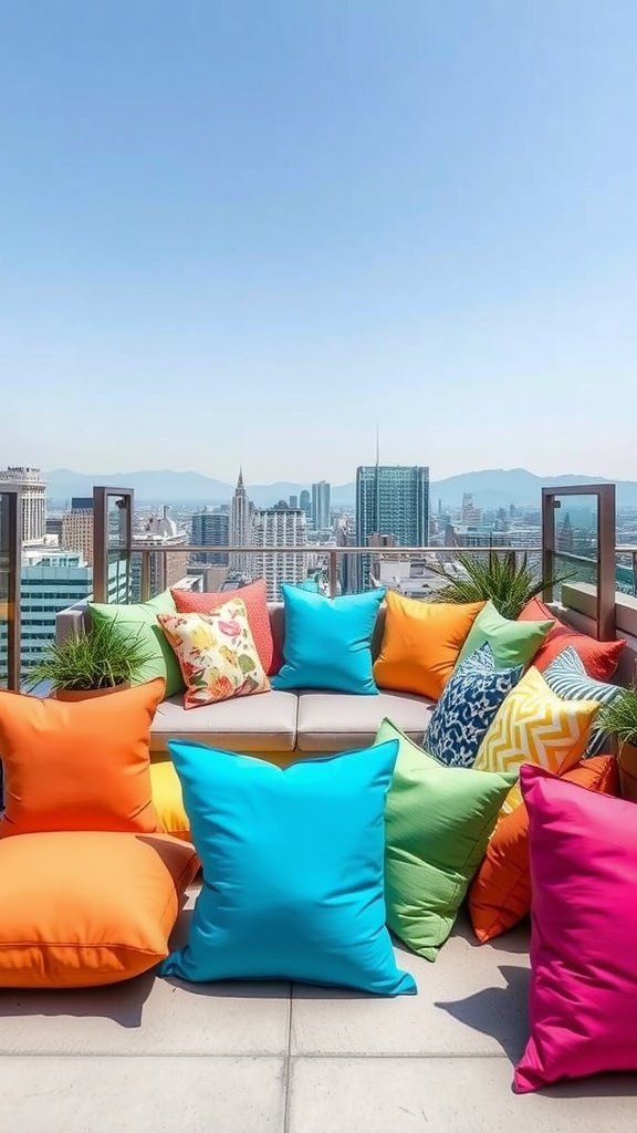 A vibrant terrace with colorful cushions in various shades and patterns.