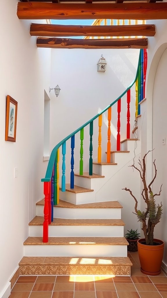 Colorful railing staircase in a coastal home