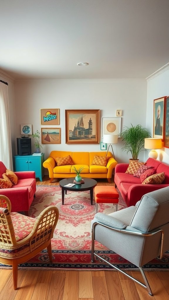 A vibrant living room featuring yellow and red sofas, a rattan chair, and colorful decor.