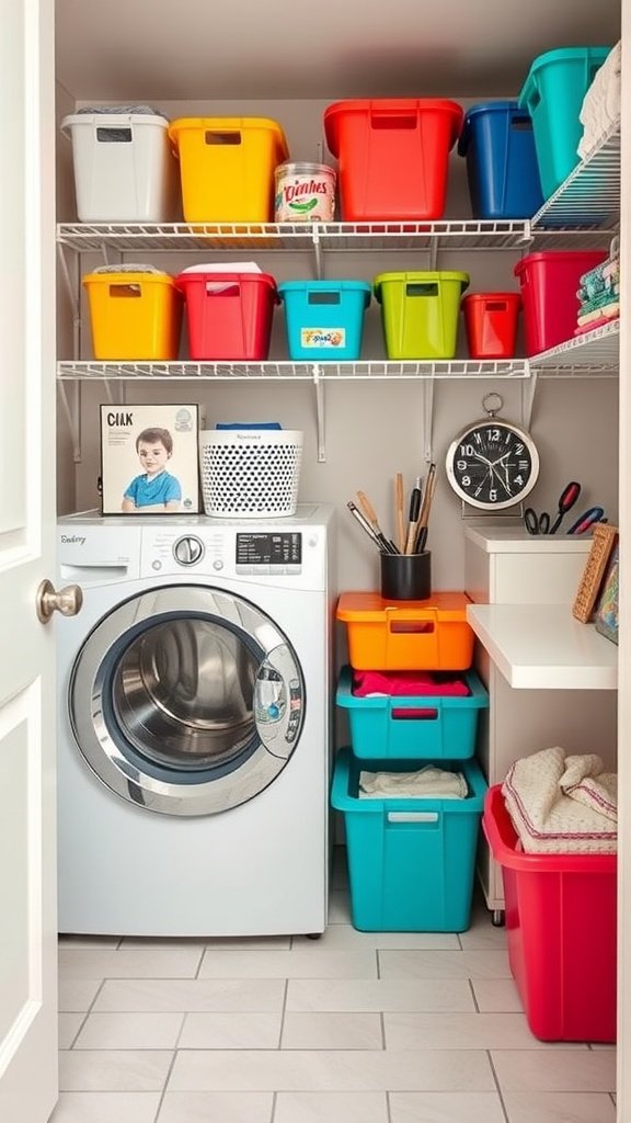 A bright and organized laundry room featuring colorful storage bins on shelves