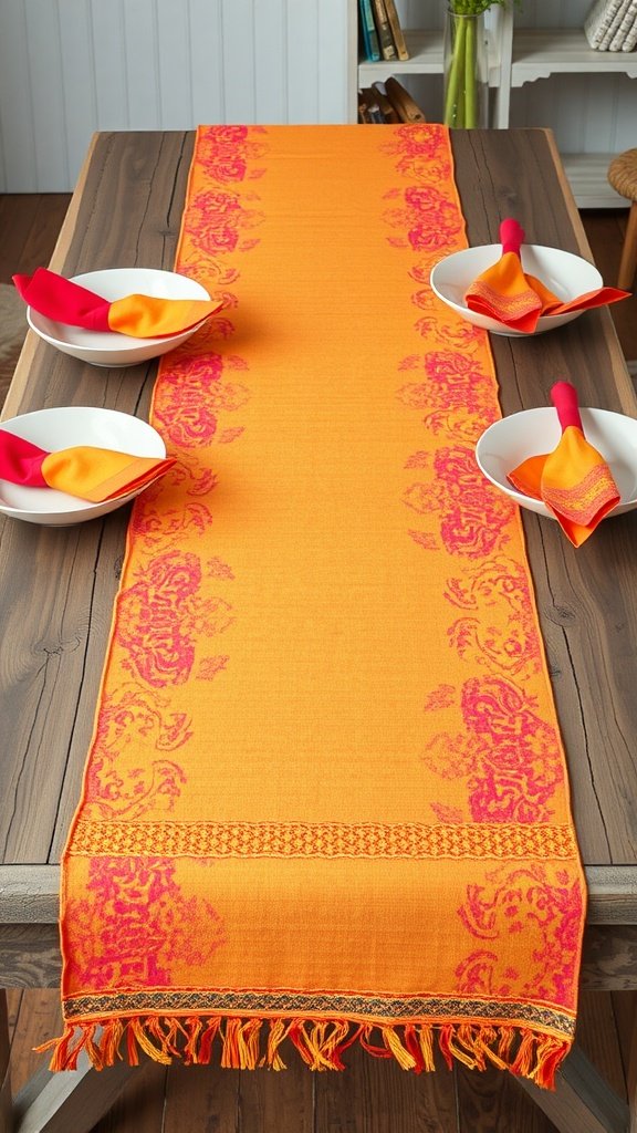 A vibrant orange table runner with pink accents on a wooden table, surrounded by white bowls and colorful napkins.