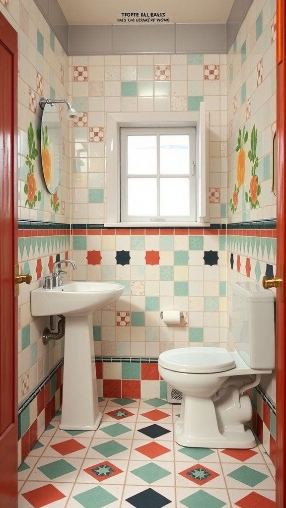 Colorful mid-century modern bathroom with patterned tiles and floral designs