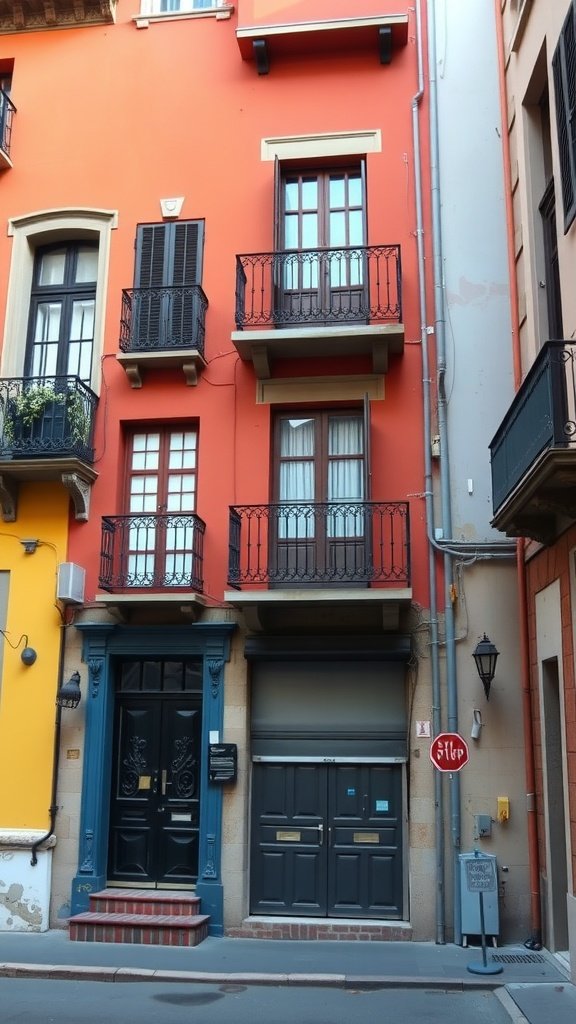 A colorful townhouse in Barcelona with a bright red facade and classic balconies