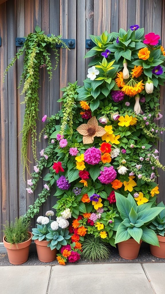 A colorful vertical garden featuring a variety of flowers and plants against a wooden wall.