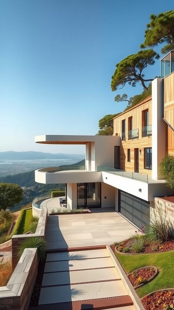 A modern hillside house with large windows and a wooden facade, surrounded by greenery and offering a view of the landscape.